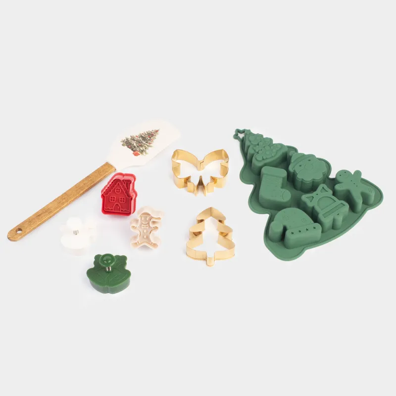 Набор для выпечки, 8 пр, лопатка/формы/штамп, силикон/сталь, зеленый, Новый год, Bakery color