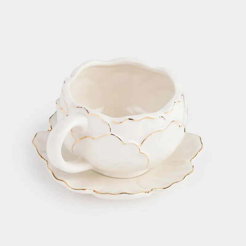 Таңғы асқа арналған шай жұбы, 1 адам, 2 зат, 450 мл, фарфор Р, сүт түстес-алтын, Пион, Bloom, image-1