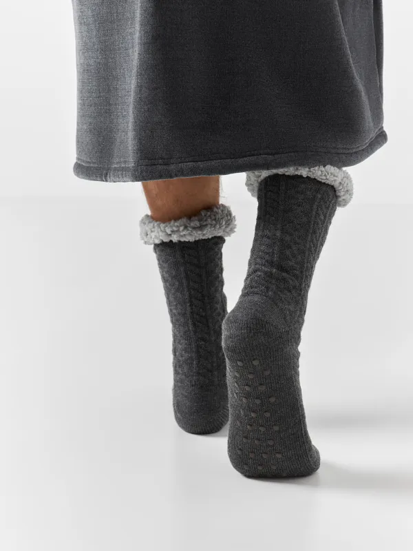 Носки мужские, домашние, акрил/шерпа, черные, Косы, Knitted soft, image-4