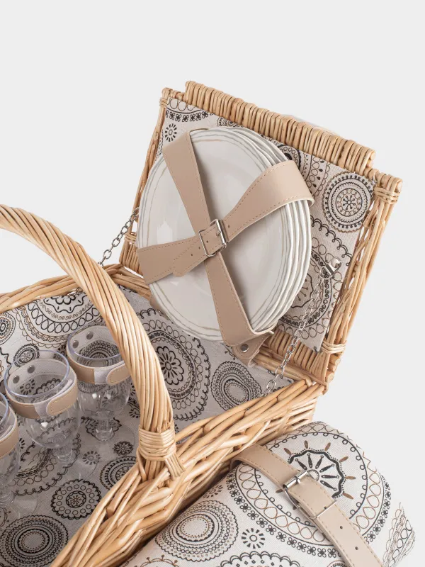 Пикник себеті, 40х28 см, 4 адам, 21 зат, көрпе, жүзім сабағы, сарғылт-қоңыр, Picnic, image-3