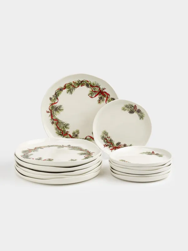 Ас сервизі, 6 адам, 12 зат, фарфор N, ақ, дақты, Шырша бүршіктері мен шетен, Rowan delice, image-0